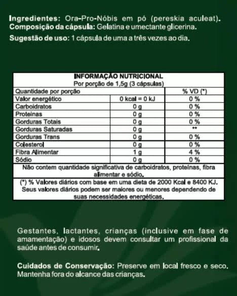 Ora-Pro-Nóbis, Antioxidante Natural- 60 Cápsulas 500mg