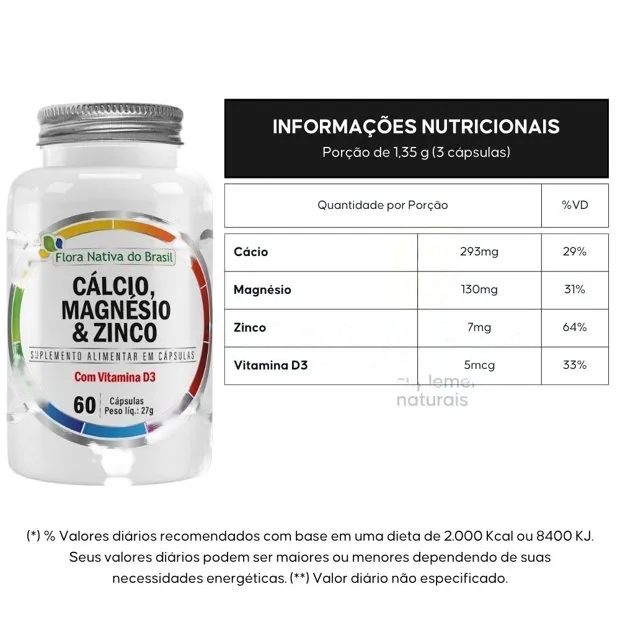 Cálcio, Magnésio, Zinco e Vitamina D3 - 60 Cápsulas, Perfeito para os ossos